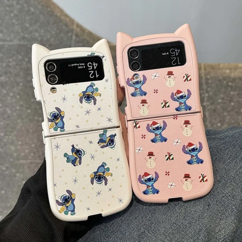 Cute Cartoon Disney Stitch Merry Christmas Phone Case For Samsung Galaxy Z Flip 6 5 Soft TPU Cover For Z Flip 3 4 With Lanyard