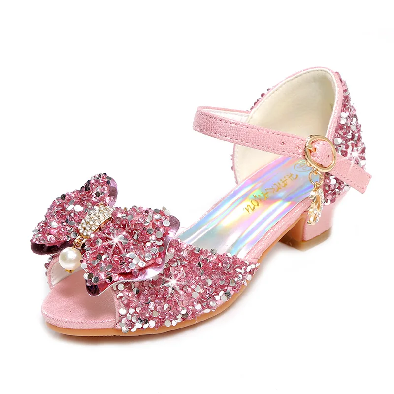 Children\'s Casual Shoes Fashion Crystal Princess Shoes 2024 New Girls Wedding High Heels Student Performance Silver Kids Sandals