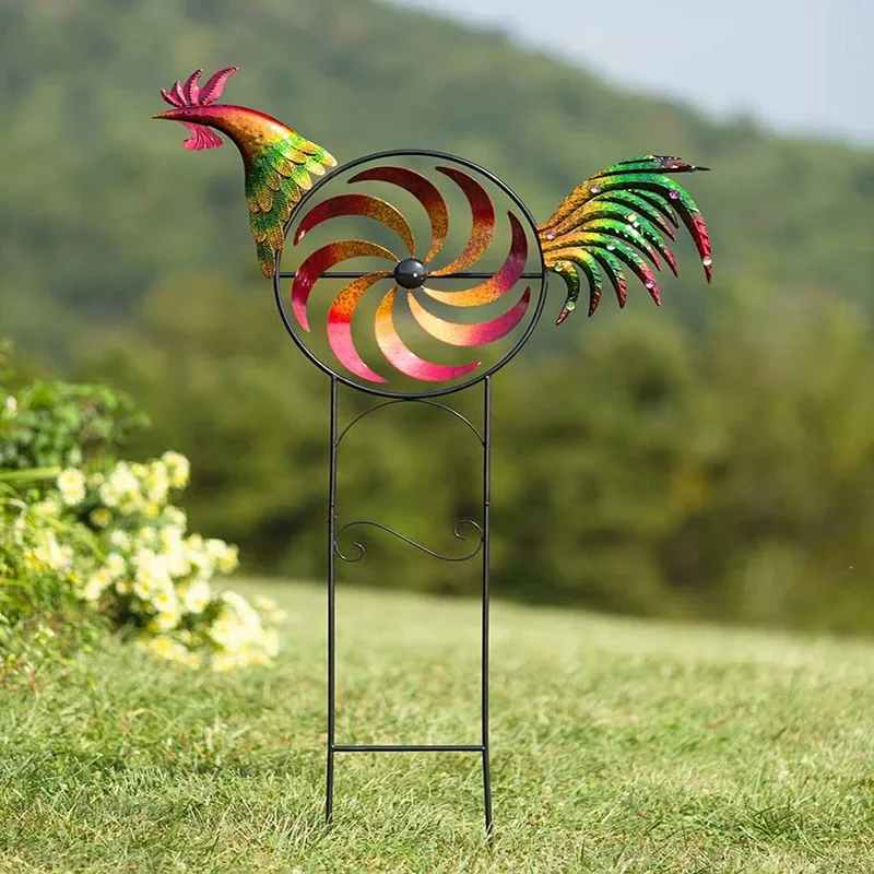Iridescent Rooster Windmill Iron Garden Decor Creative Stake with Rooster Ornament Wind Spinner for Patios Backyards Lawns