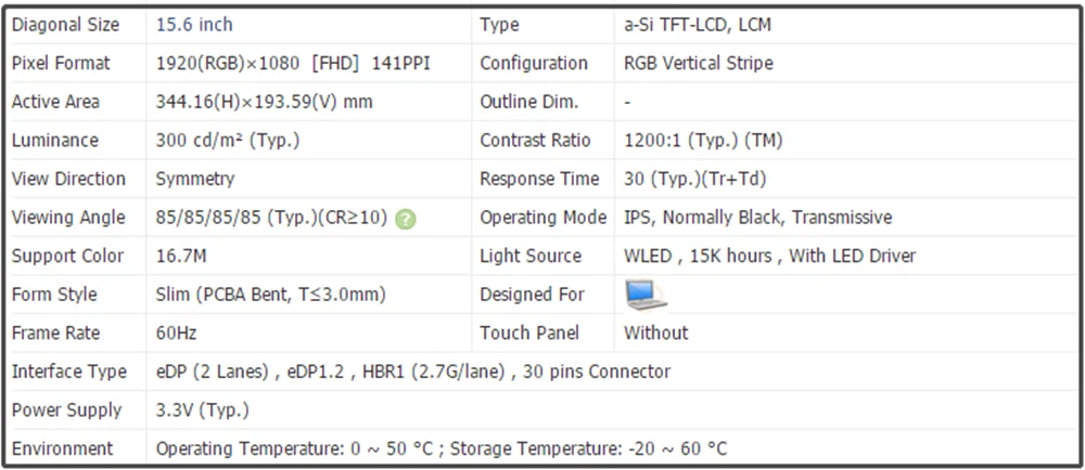 LP156WFE-SPD2 LP156WFE SPD215.6 inch LCD Screen Panel IPS Slim 1920x1080 FHD 141PPI EDP 30pins 300 cd/m² (Typ.)