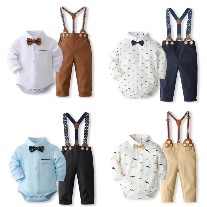 Baby Infant Formal Gentleman Clothng Set Solid Romper Hat Suit Boy First Birthday Costume 0-24 Month Toddler Cotton Outfit Kids