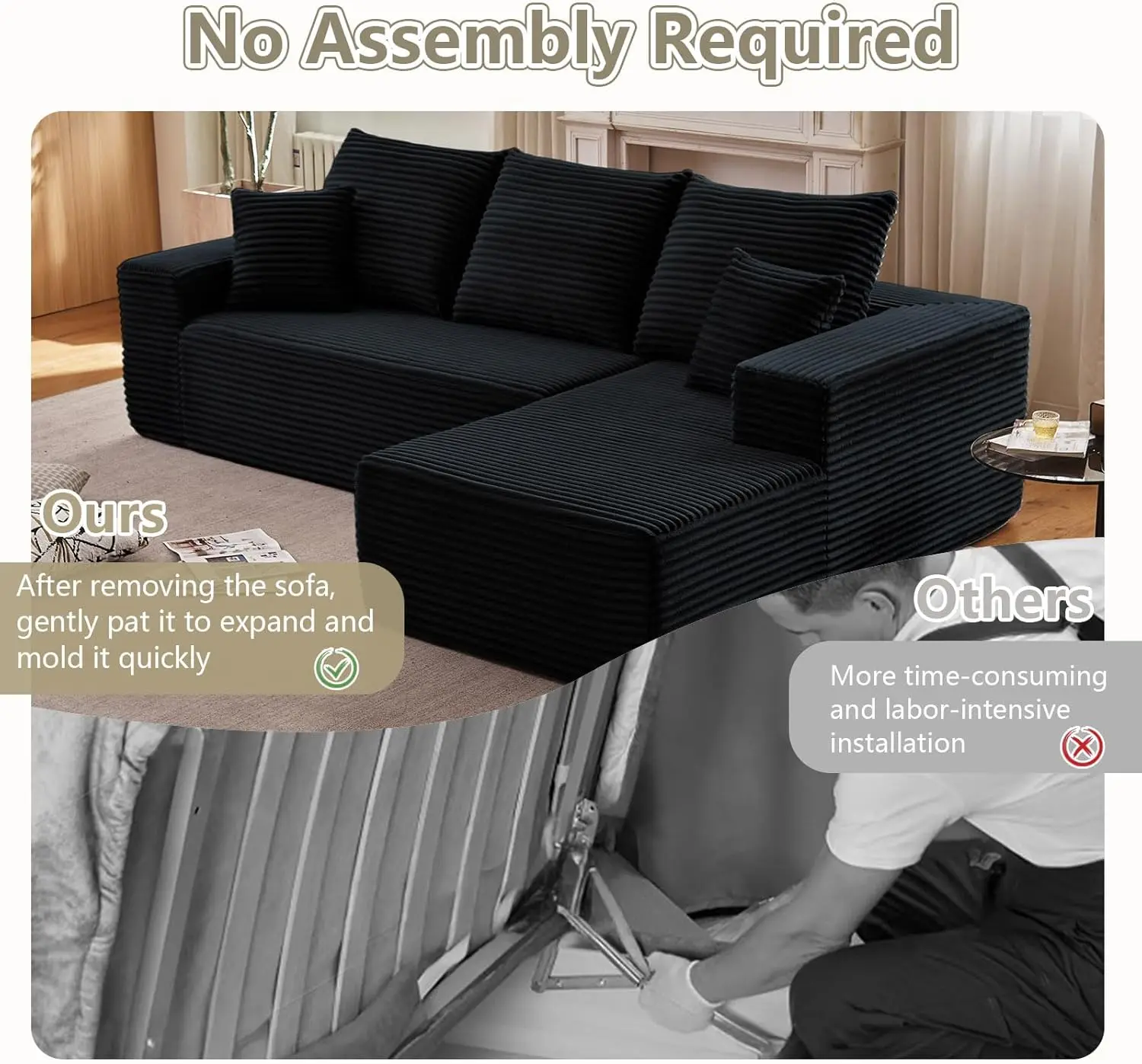 Modular Sectional Couch, Cloud-L Shaped with Chaise, Corduroy Deep Seat, Memory Foam, No Assembly, Black