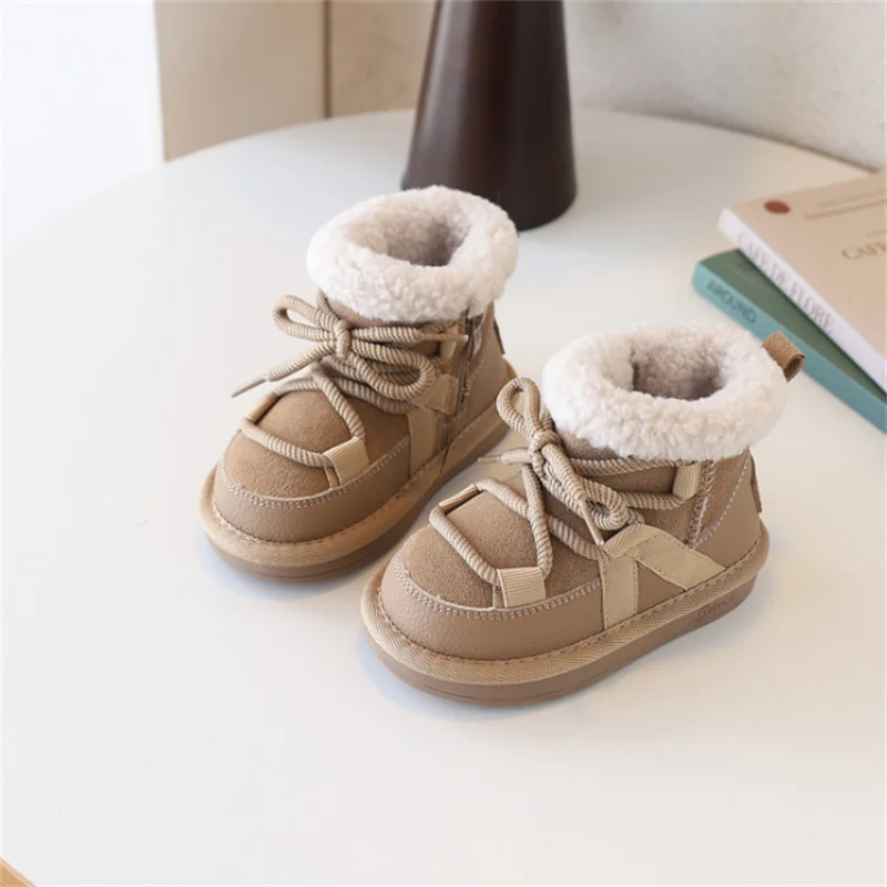 

2025 New Winter Children Snow Boots Leather Warm Plush Soft Sole Toddler Boys Shoes Non-slip Fashion Girls Boots EU 21-30