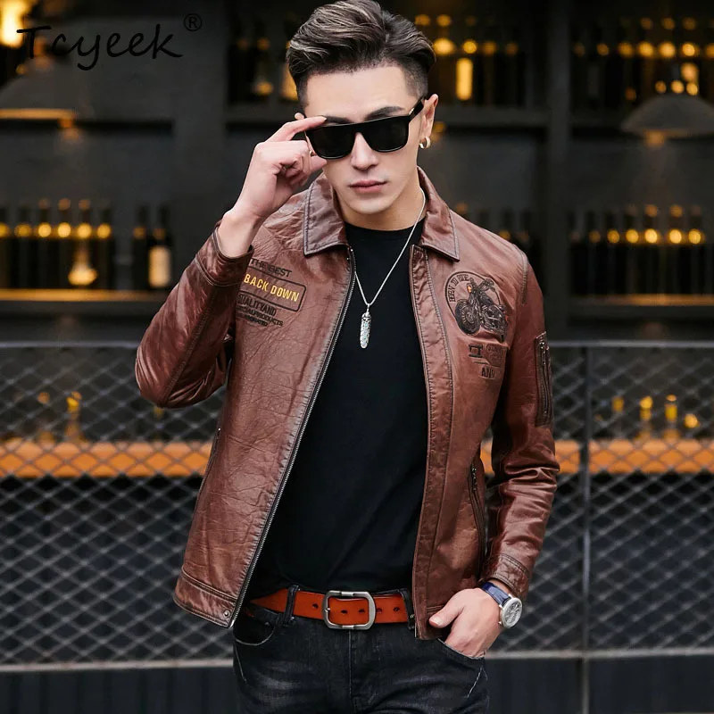 Tcyeek Natural Cowhide Real Leather Jacket Men Autumn Clothes Oil Wax Motocycle Jackets Biker Trendy Embroidery Jaqueta De Couro
