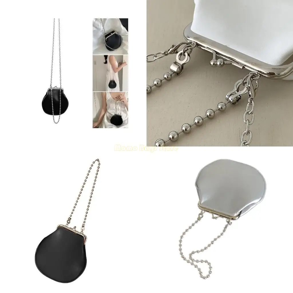 

X90D Women Elegant Small Evening Handbag with Beads Chain Strap PU Leather Shoulder Crossbody Bag Kiss Lock Wedding Purse