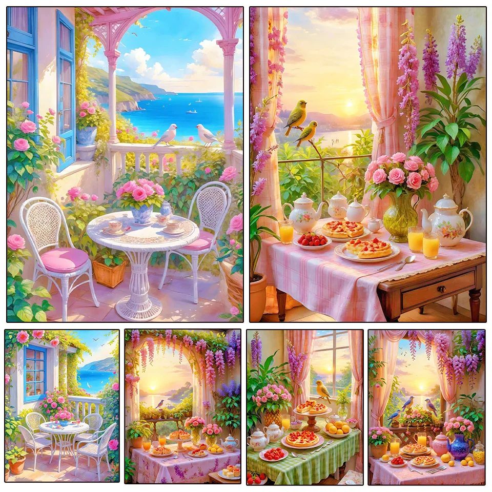 5D DIY Diamond Painting Balcony Landscape Flower Home Decoration Embroidery Mosaic Seaside Garden Landscape Wall Stickers