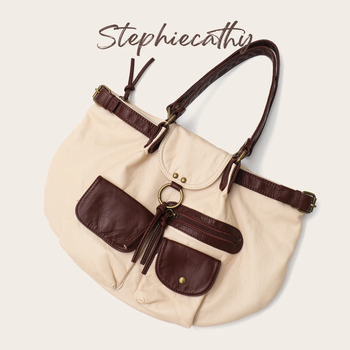 SC Women's Fashion Contrast Color Handbag PU Vegan Leather Tote Multi Pockets Large Casual Daily Shoulder Bag Purse All Season