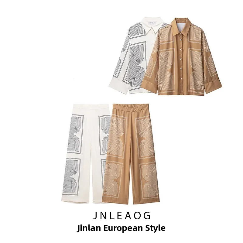 

JNLEAOG Autumn New Women's Faion Printed Diagonal Stripe irt And Straight Leg Pants Set High Waist Long Sve Button up