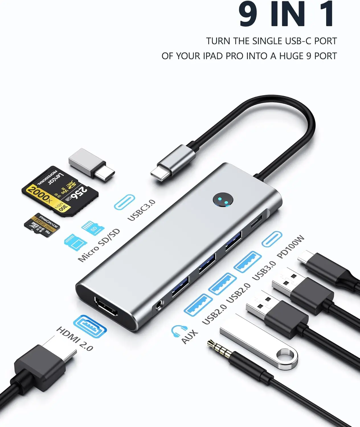 9 in 1 USB C Hub, USBC to HDMI Adapter 4K@60Hz, 3×USB A Data Transfer, 100W PD Port Type C Multiport Splitter with SD/TF Card Re