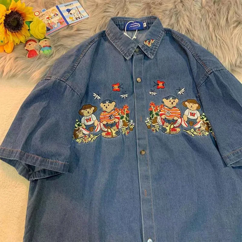 Hip Hop Bear Butterfly Embroidery Blue Denim Shirts Women Short Sleeve Casual Shirts Men Gothic Harajuku Button Up Shirts Summer