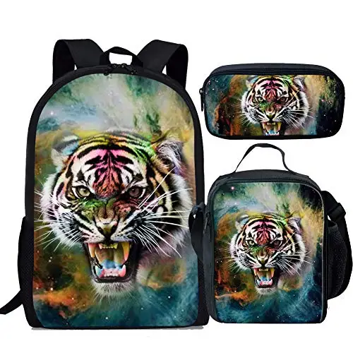 Galaxy Lion School Bag 3pcs Elementary Student Backpack Set Bookbag with Lunch Bags and Pencil Case for Kids Girls Boys Teens