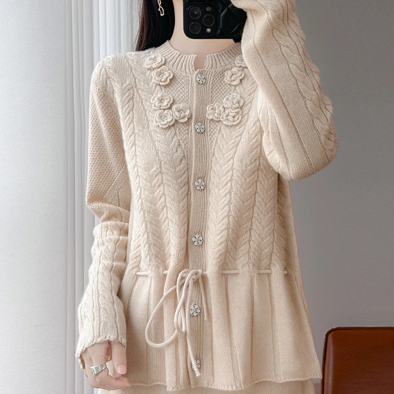 Autumn And Winter Round Neck Wool Tether Knit Cardigan Long Sleeve Waist Loose Twist Sweater Long Sleeve Coat