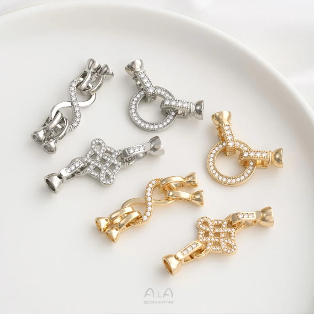

Copper Clasps 14K Gold Color Zircon Round 8-character Chinese Knot Pearl Buckle DIY Pearl Necklace Connecting Buckle Accessories