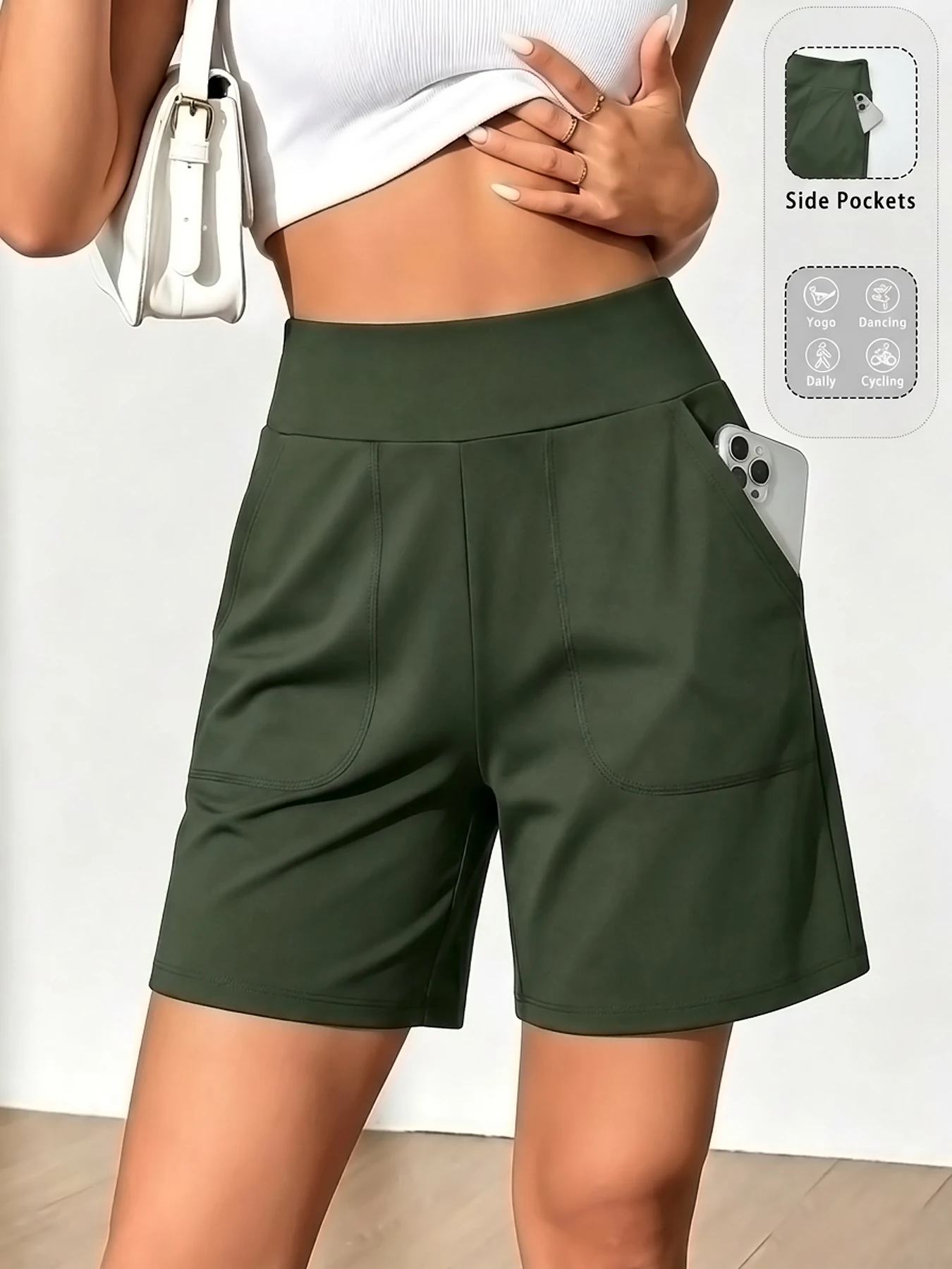 Bermudashorts voor dames met zakken, hoge taille, lange shorts voor hardlopen, workout en sport.