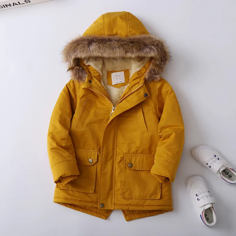 3-12 Years Winter Warm Boys Jacket Big Fur Collar Padded Linning With Velvet Thick Hooded Heavy Coat For Kids Children Outerwear