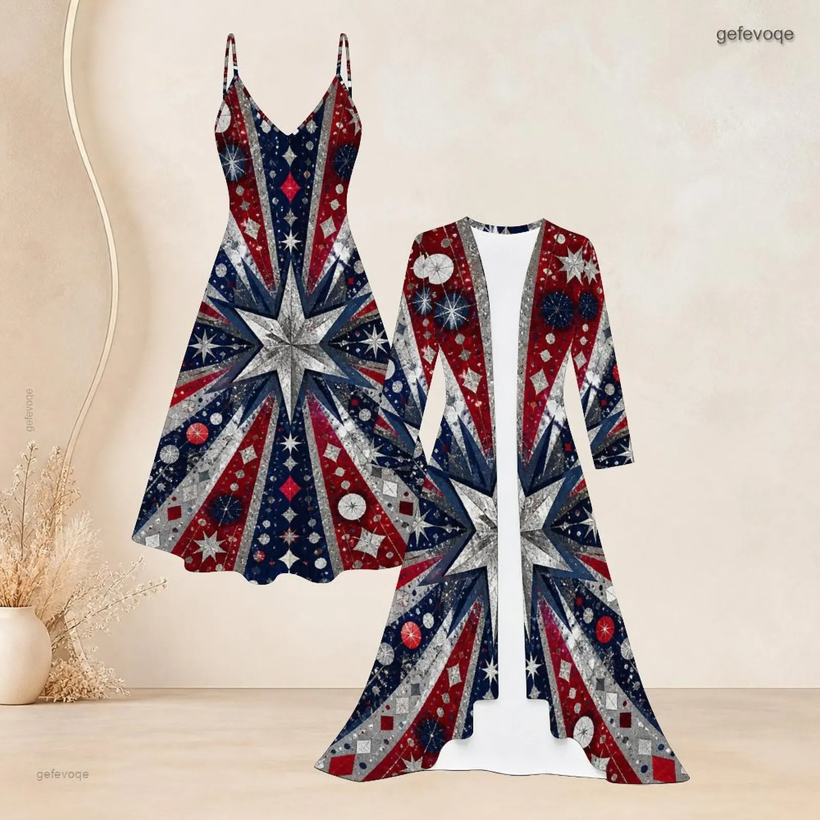 Women 2 Piece Outfit V Neck Spaghetti Strap Midi A Line Dress With 3/4 Sleeve Long Open Cardigan Set Print Ladies Casual Suit