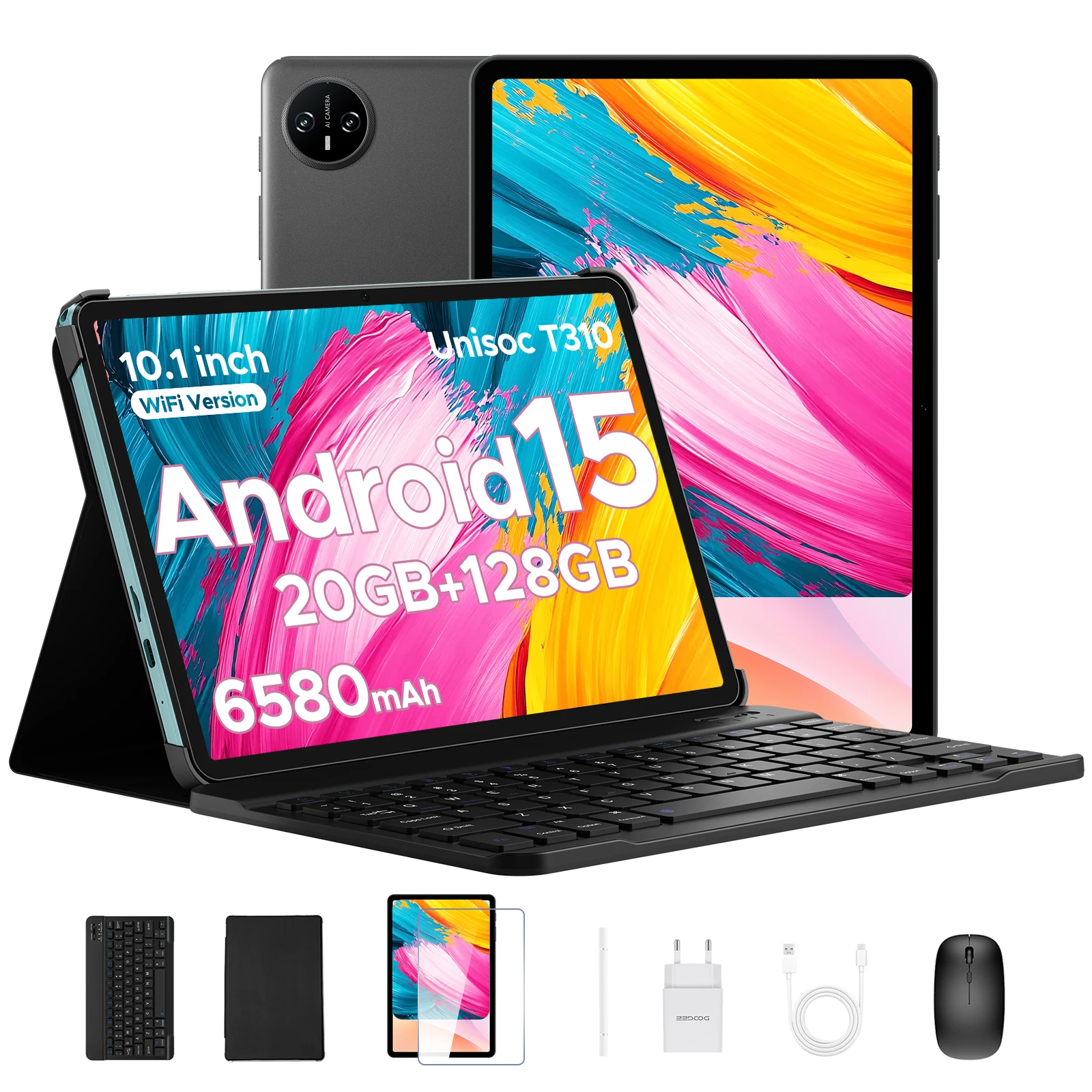 DOOGEE Tab A9 Pro 2 في 1 كمبيوتر لوحي ذكي 10.1 بوصة شاشة عالية الدقة أندرويد 15 20 جيجابايت (4+16) بطارية 128 جيجابايت 6580 مللي أمبير في الساعة مكبرات صوت مزدوجة Unisoc T310