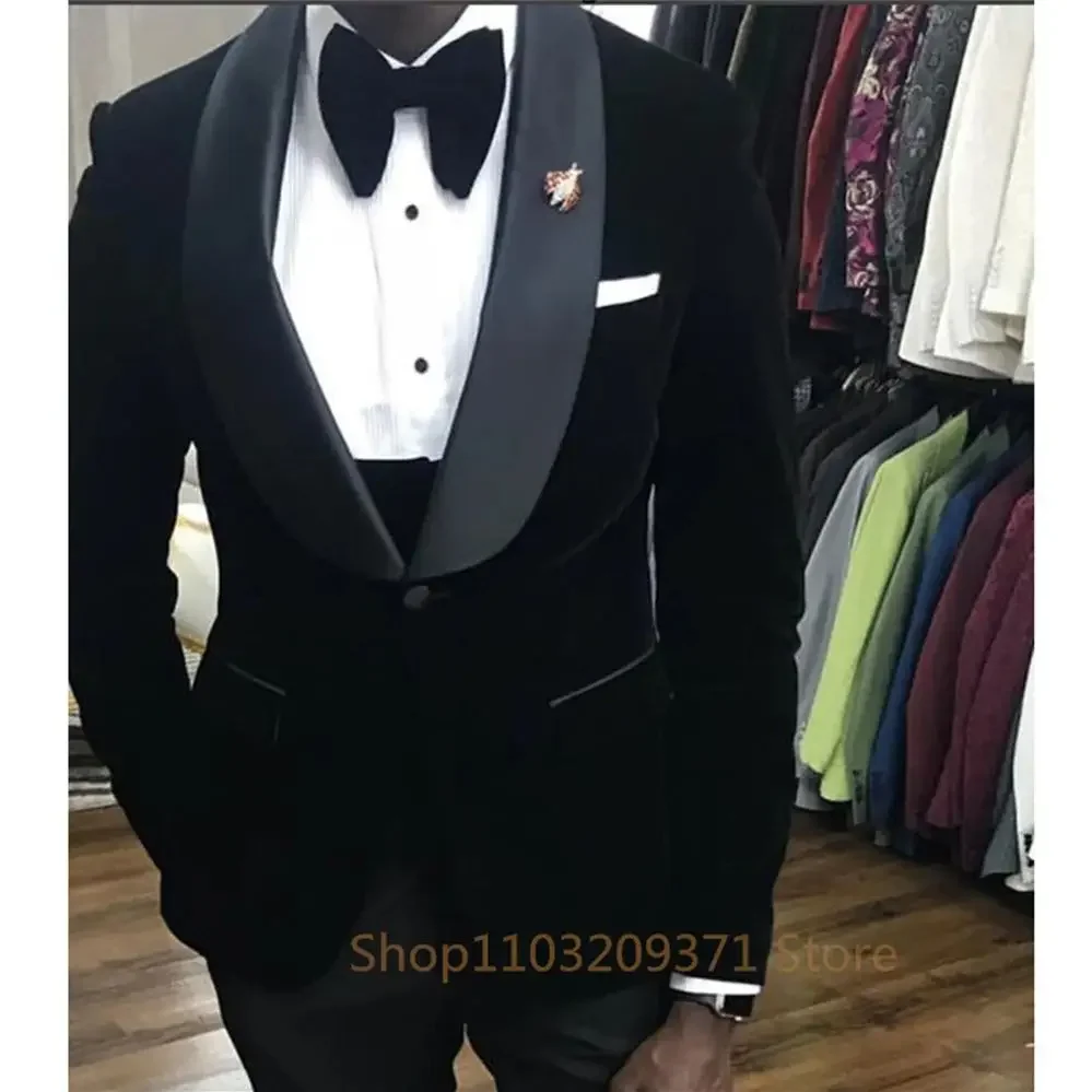 Black Velvet Wedding Tuxedo 3 Pcs African Men Suits for Prom Slim Fit Groom Male Fashion Costume Jacket Waistcoat with Pants