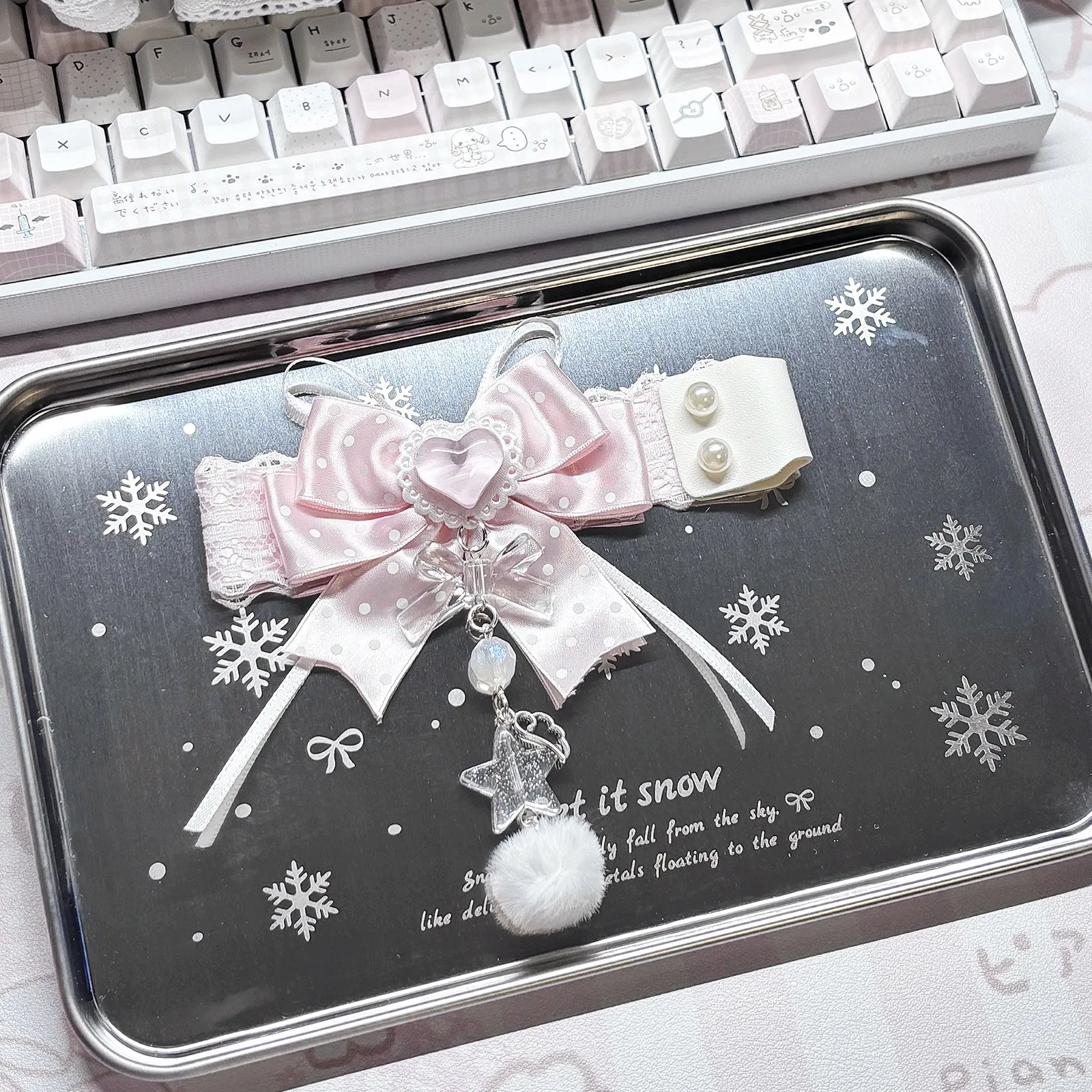 Handmade Polka Dot Bow Keyboard Ribbon  Custom Keyboard Lace Pendant Japanese Ribbon Decorative Strap for Mechanical Keyboard