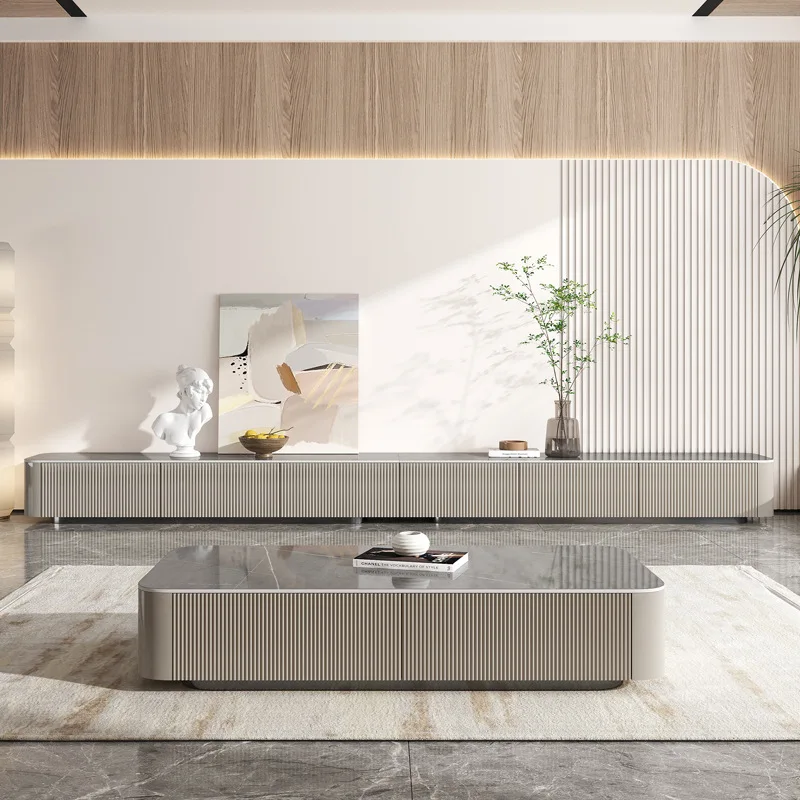 Sintered stone coffee table, TV cabinet combo in various sizes, painted storage cabinet base, and cabinet