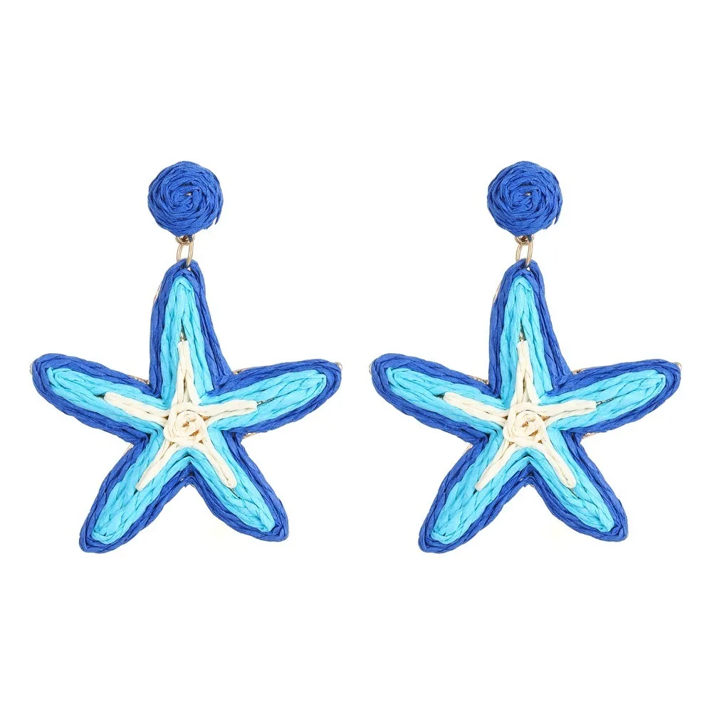 Bohemian Starfish Stud Earrings Straw Weaving Exaggerated Starfish Beach Earring Sweet Chic Star Pendant Earrings
