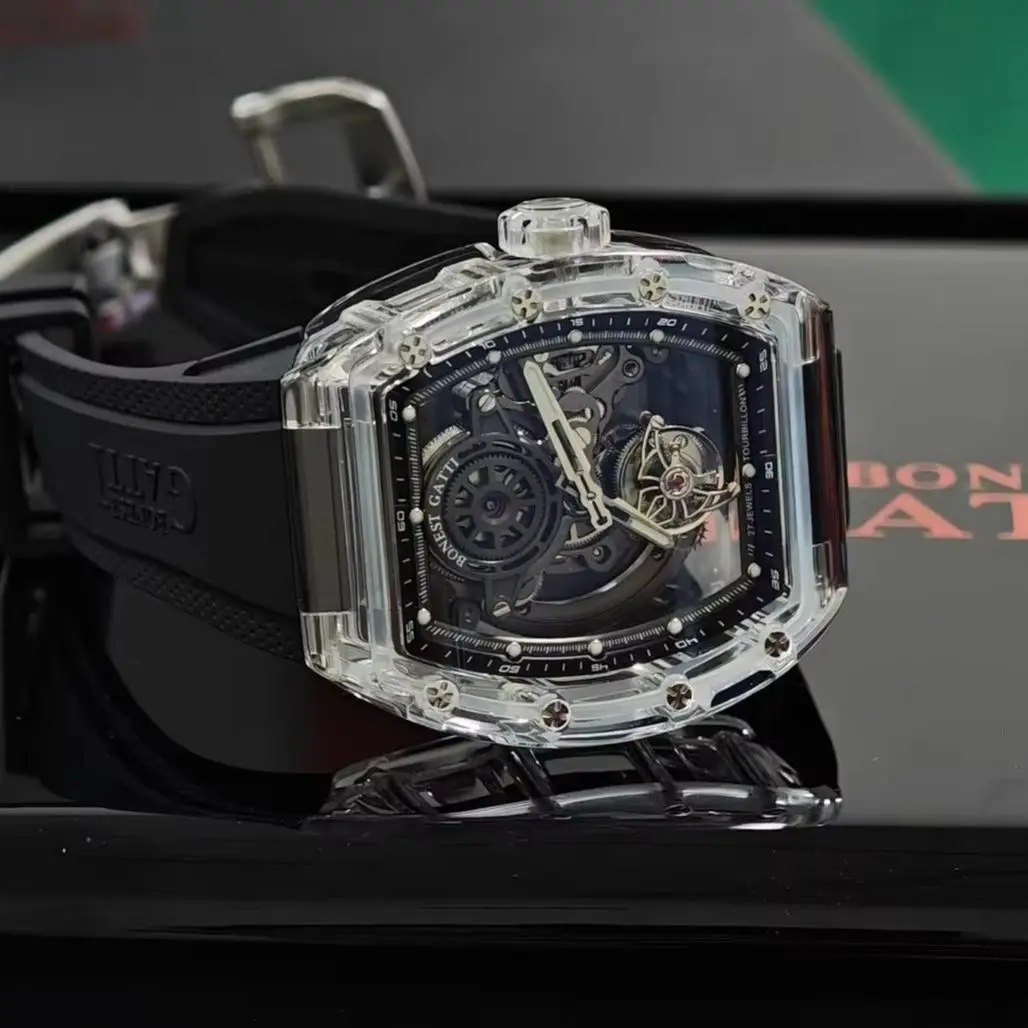 BONEST GATTI Men Tourbillon Watch 50mm Tonneau Automatic Mechanical Wristwatch Acrylic Case Luminous Sapphire Skeleton FKM Strap