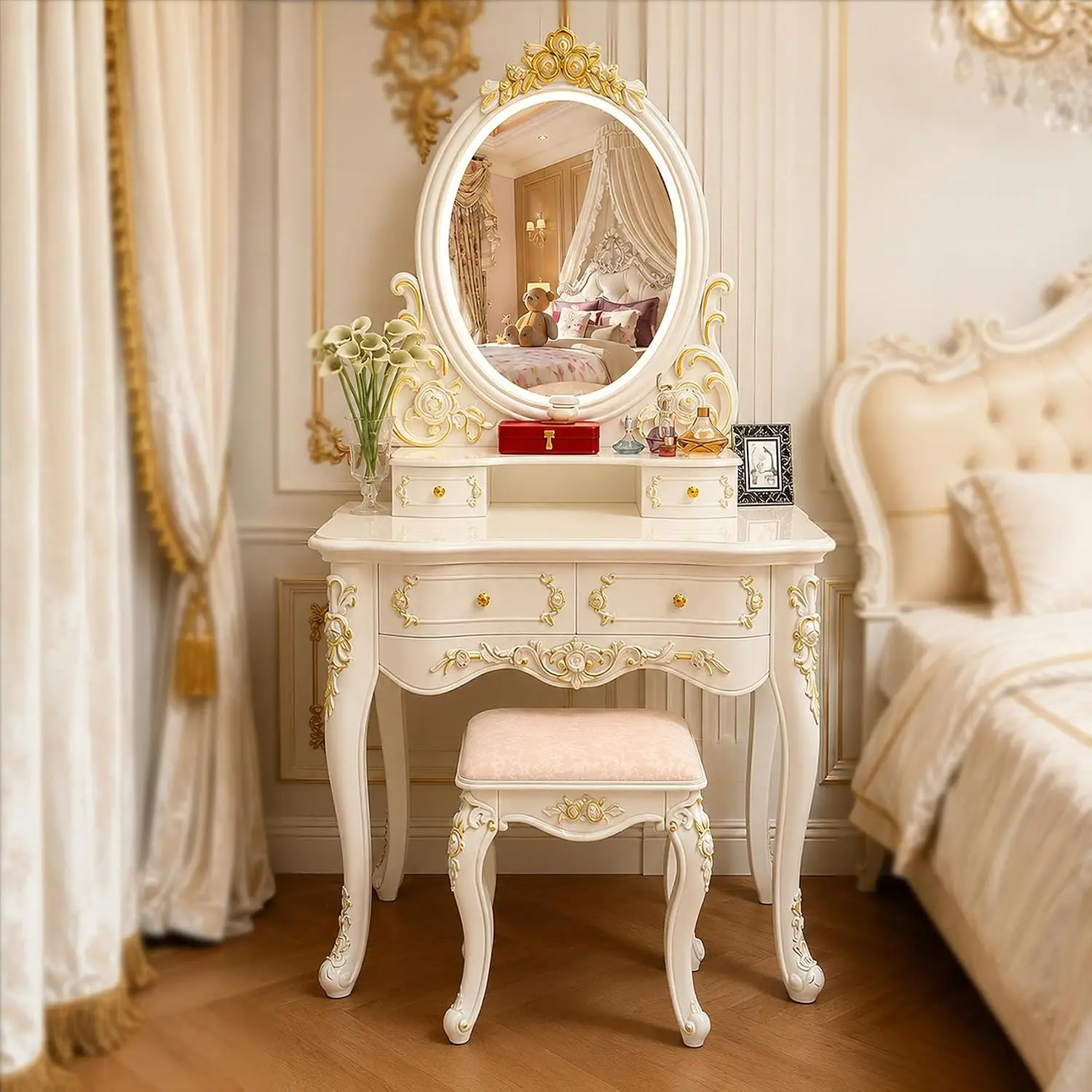 Bedroom Vanity Vintage with Illuminated Mirror, Three-Color Adjustable Lighting, Wood Vintage Vanity Desk, Makeup Vanity & Mirro