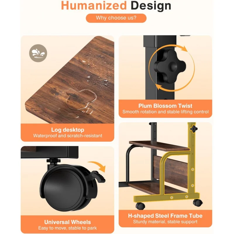 Wheels Adjustable Height Desks for Small Spaces, 32" Computer Desk with Storage Shelves for Home Office Rustic.