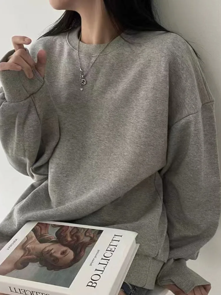 시크 빈티지 라운드 넥 긴팔 스웨트셔츠 여성 캐주얼 다용도 레이지 스타일 그레이 탑 봄 가을 겨울 신상품