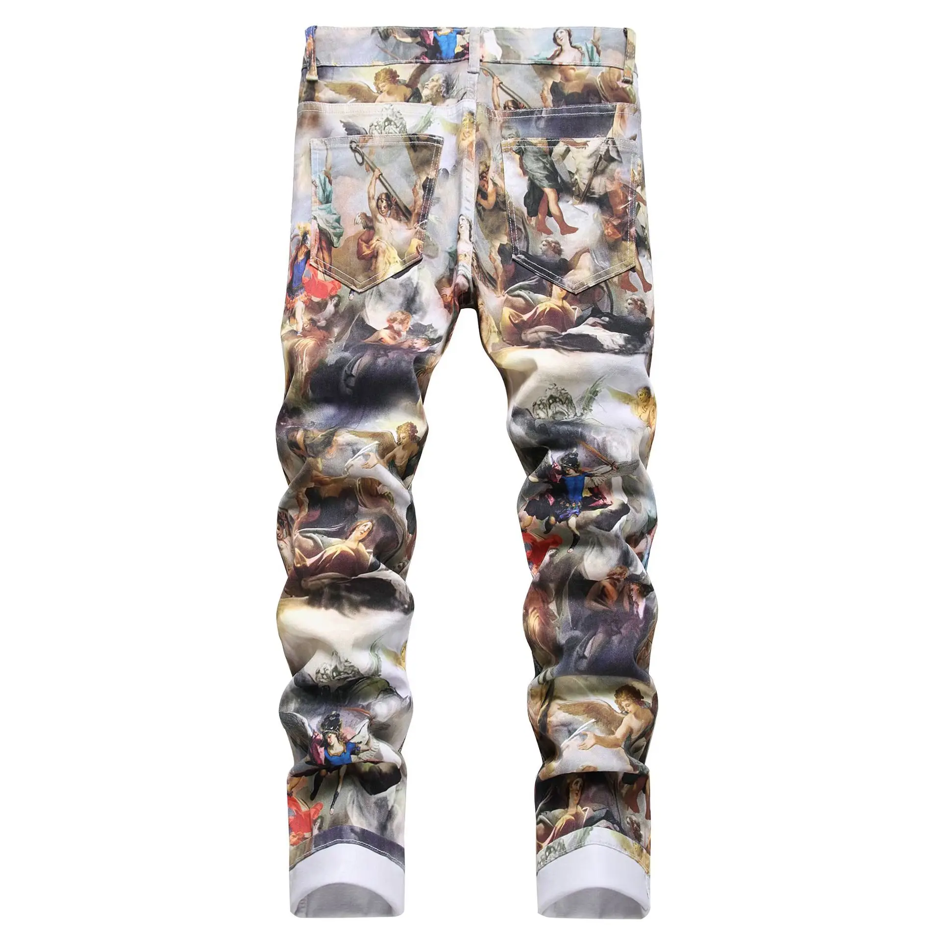 الدنيم سروال شكل قلم رصاص الرجال طباعة الجينز غسلها منتصف الخصر جيوب خمر الدينيم المستقيم 2024 الشارع الشهير الكاحل طول بنطلون #2