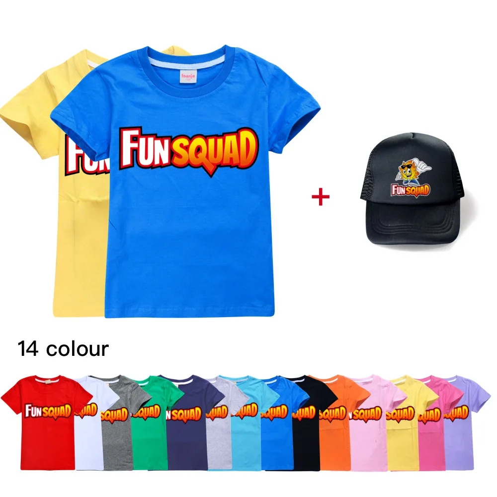 New Summer Baby Boys Kawaii Fun Squad Gaming Printing T-Shirt Cartoon Kids Short-Sleeved Girls T-Shirt Children Casual Top+hat