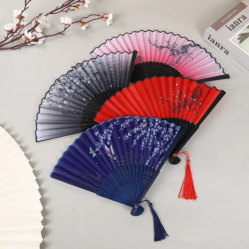 

Japanese Style Folding Fan Ancient Chinese Style Medium Long Handle Silk Cloth Fan Craft Gift Ladies Dance Fan