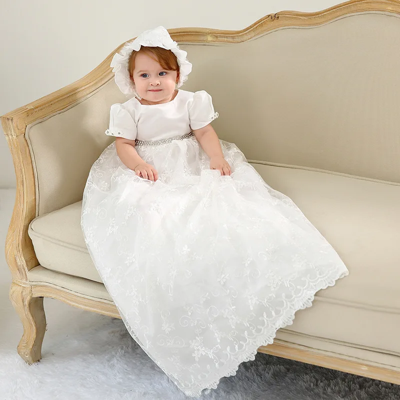 High-end White Christening Baby Girl Dress Extra Long Baby Girl Brithday Formal Baptism Clothes for 1 Year Old RBF184004