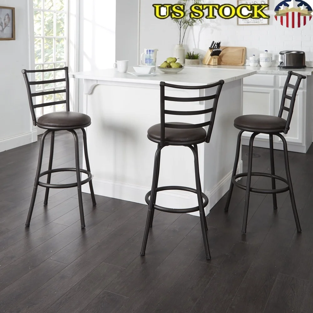 

3-Pack Adjustable Height Swivel Barstool 24-29 Inch Ladder Back Design Metal Frame Espresso Vegan Leather Seat Easy Assembly