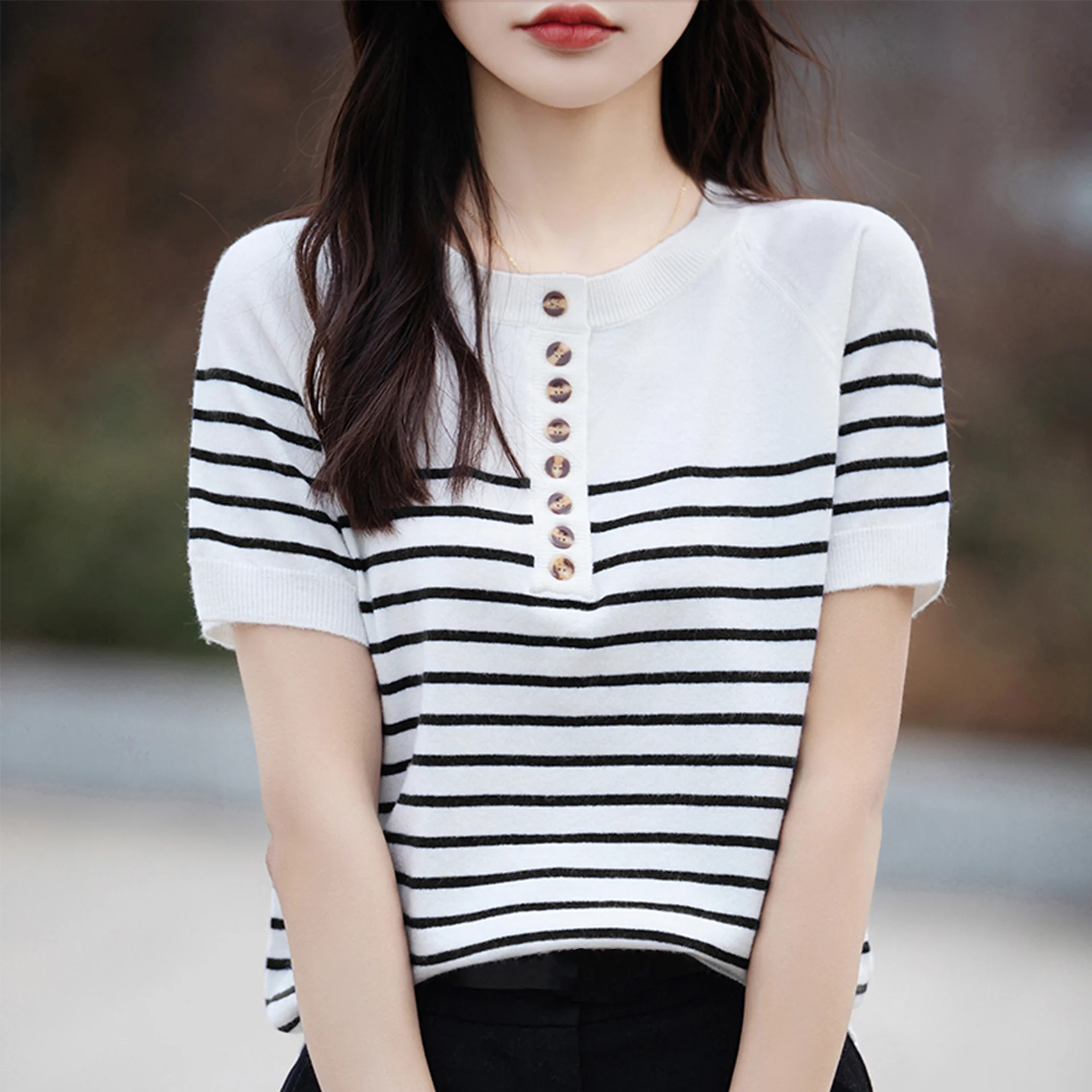 O-Neck Striped Short Sleeve Sweater Shirt For Women Summer Button Breasted Slim All Match FashionCotton Pullover Top Tees Female