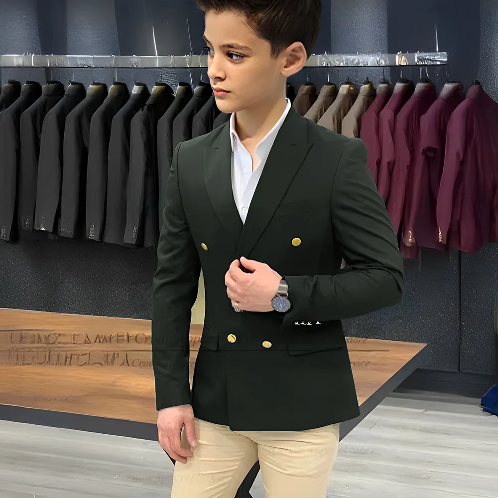 Blazer de boda de 2 piezas para niños, chaqueta de traje de caballero con botones dorados, traje informal ajustado con doble botonadura para niños de negocios, color azul marino