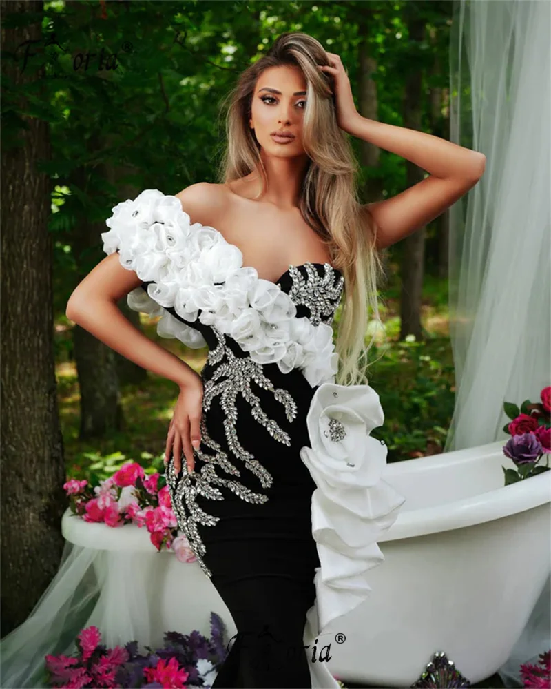 Fashion Black Crystal Mermaid Evening Party Dress with White Ruffles Beaded Formal Ceremony Gowns Custom Made vestido luxo dubai