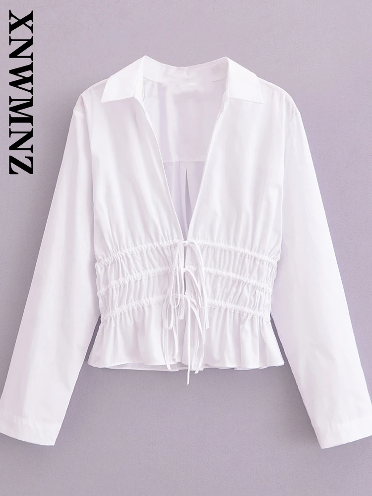 XNWMNZ 2024 Autumn New Lady Casual Short Shirt Top Streetwear Woman White Lace Turn-down Collar Outerwear Long Sleeve drawstring