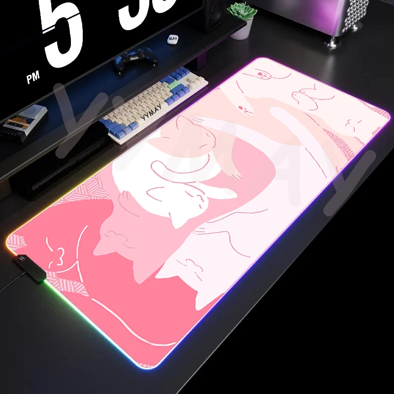 Mousepad kucing merah muda RGB, alas Mouse meja bercahaya untuk permainan besar dan lampu latar