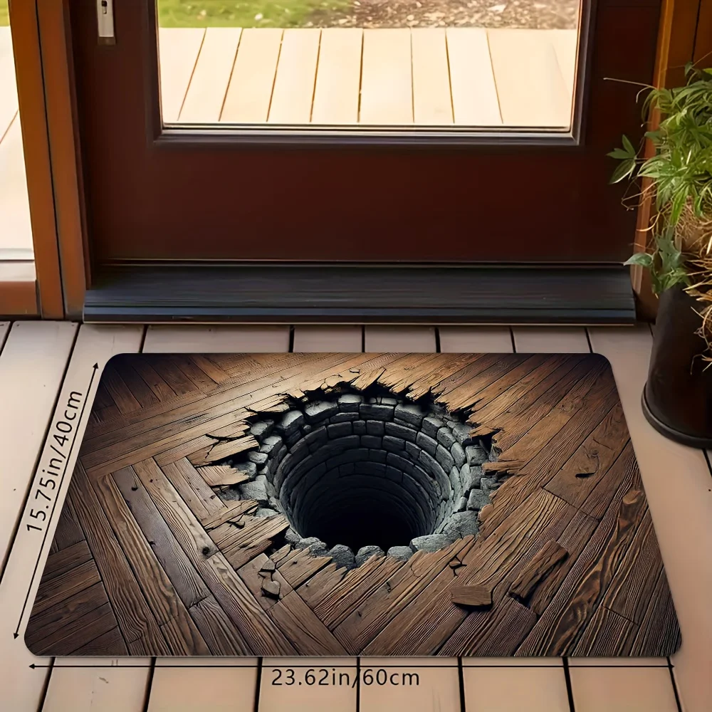 3D Hole-shaped Ancient Well Theme Flannel-printed floor mats has a non-slip function is suitable for entrances bathroom carpets