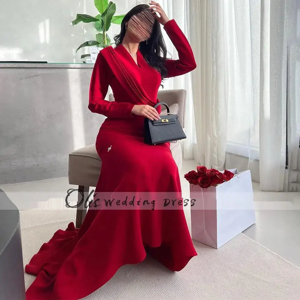 Personalizado vermelho vestidos de festa à noite 2024 mangas compridas com decote em v sereia vestidos de noite para mulheres trompete elegante casamento convidado dre