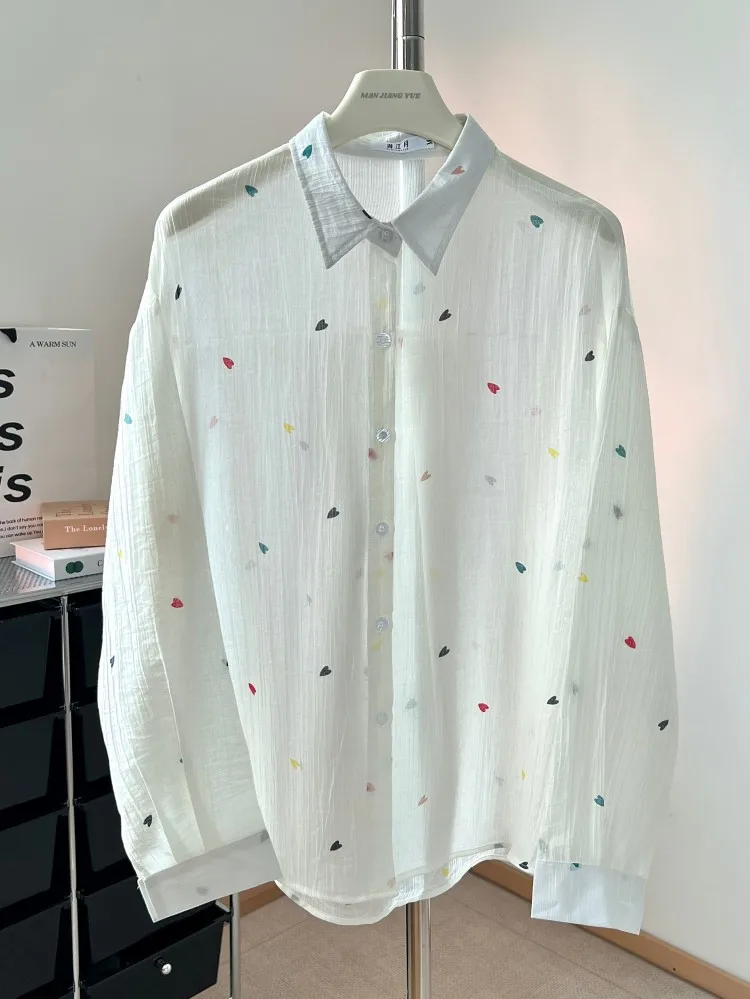 

Base Shirts For Woman Tops 2025 Japan Style Elegant White Blouses Long Sleeve Heart-shaped Shirts