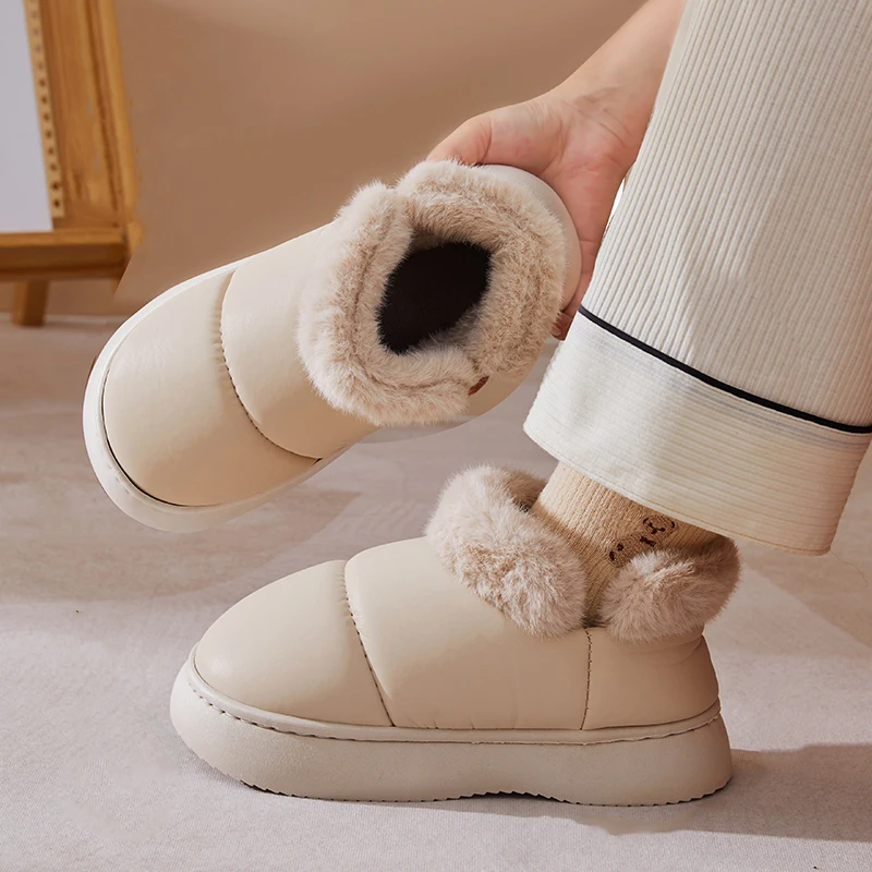 Fashion Concise Winter Waterproof Non-slip Cover Heel Warm Ladies Fluffy Slippers Women Home Casual High-top Cotton-padded Shoes