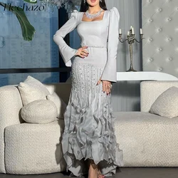 Flechazo Grey Prom Dresses Square Neck Beading Ruffles Ruched Formal Party Evening Dress For Women 2024 vestidos de noches