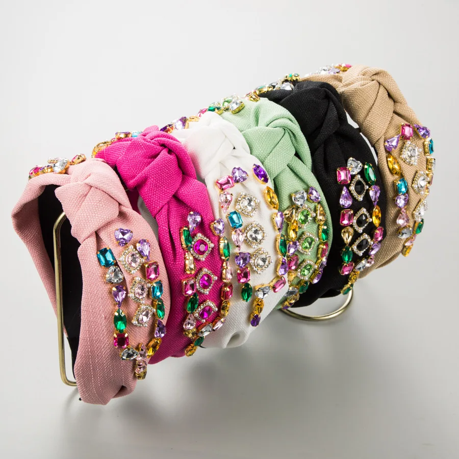 

Heming headband new solid color fabric inlaid glass diamond knotted headband wide edge high-end retro style hair accessories