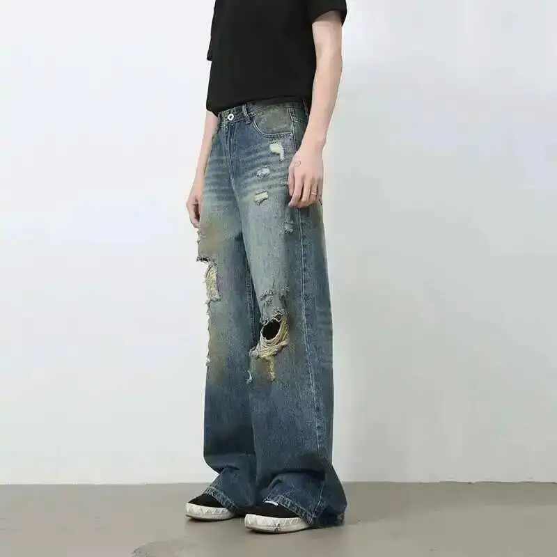 American Trend Irregular Hole Vintage Jeans Men's Distressed Washed Wide Leg Straight Denim Pants 2025 New Trousers 2IY5C