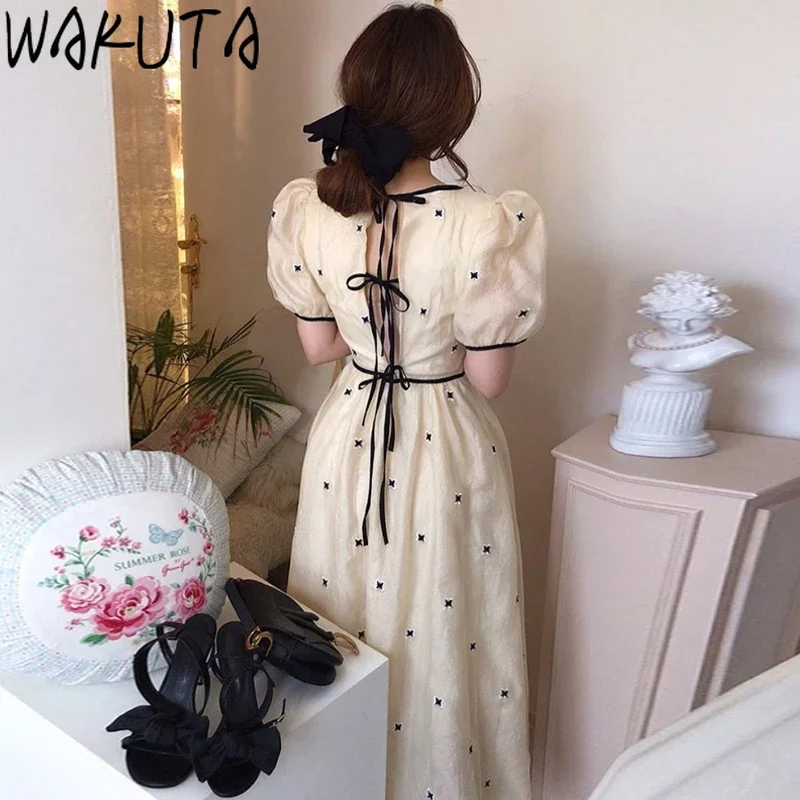 WAKUTA Korea Summer Square Neck Bubble Sleeve Polka Dot Robe Color Clashing Flowers Chic Backless Straps Gentle Vestidos De Fie