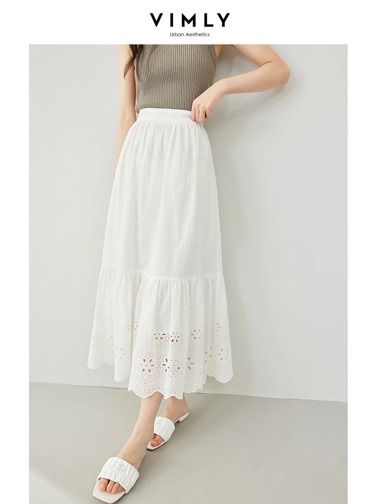 Vimly Cotton 100% White Skirt Women 2024 Spring French Style Elastic Waist Hollow Out A-line Swing Skirts Woman's Clothing M5958