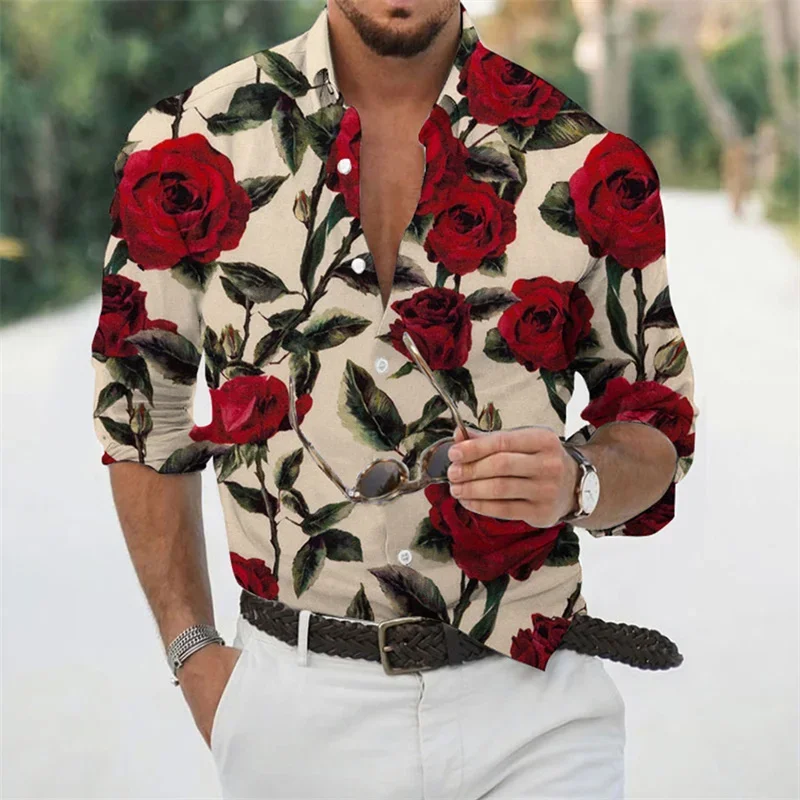 2024 new hot sale fashion men\'s shirt floral rose high quality fabric soft and comfortable size men\'s lapel shirt oversized