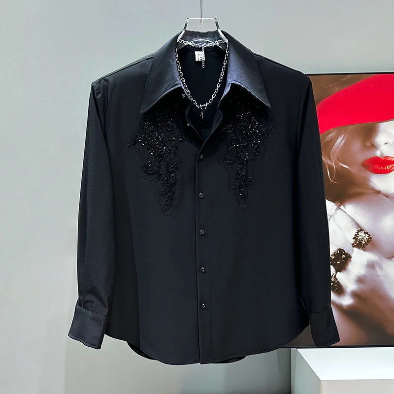 PFHQ المتخصصة تصميم قميص رجالي صيف جديد مطرز الترتر الديكور قمصان طويلة الأكمام منصات الكتف بلايز الرجال عادية 21E6556